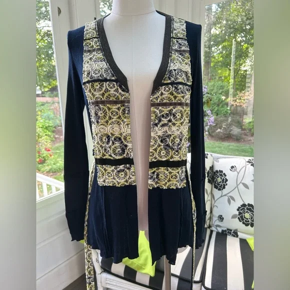 NWT: Anthropologie Tiny Brand Blue V Neck Cardigan with Lace Detail - Picture 3 of 7